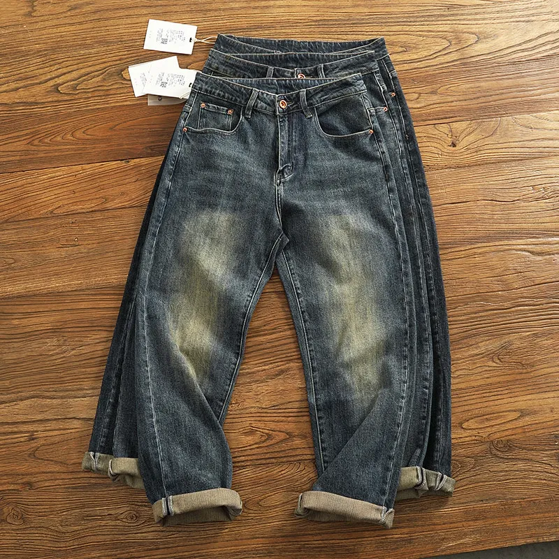 Japanese Retro Jeans for Men with Loose Design and Light Stretch Washed Distressed Loose-fit Straight Tapered Pants All Seasons