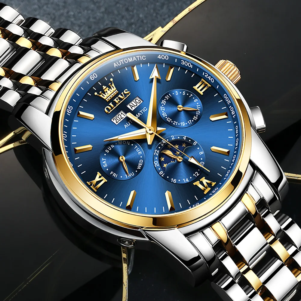 OLEVS Luxury Automatic Mechanical Watch Man Moon Phase Watches Waterproof Double Calendar Stainless Steel Strap Male Wrist watch