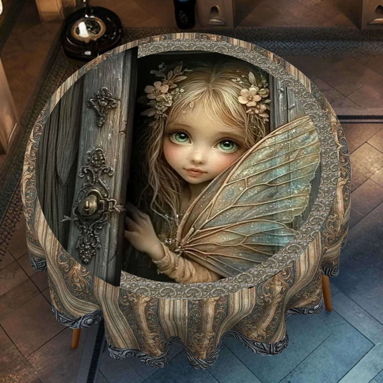 Elf Girl Themed Tablecloth, Vintage Luxurious Pattern Print, Delicate and Cute Elf Girl Design, Embossed Edges, Waterproof, Wrinkle-Resistant, Fade-Resistant, Suitable for Rectangular and Round Dining Tables, Home Kitchen Living Room Dining Tables, Balcony Coffee Tables, Holiday Party Table Decorations, Outdoor Picnic Decorations, Coffee Table Decorations, Perfect Gift, Spring, Summer, Autumn, Winter Decorations Comes with 4 Anti-Slip Stickers. T065