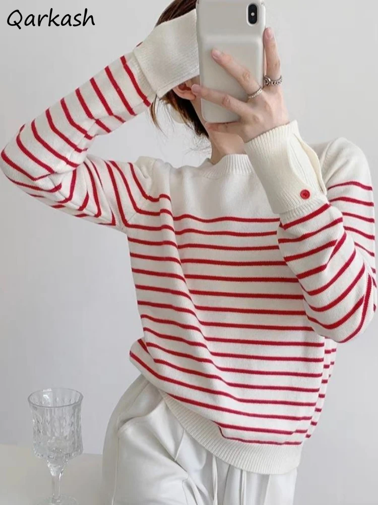 

Chic Striped Knitted Pullovers Women Fashion Simple Loose Leisure Soft Young Popular All-match Basic Sweaters Girls Vintage Ins