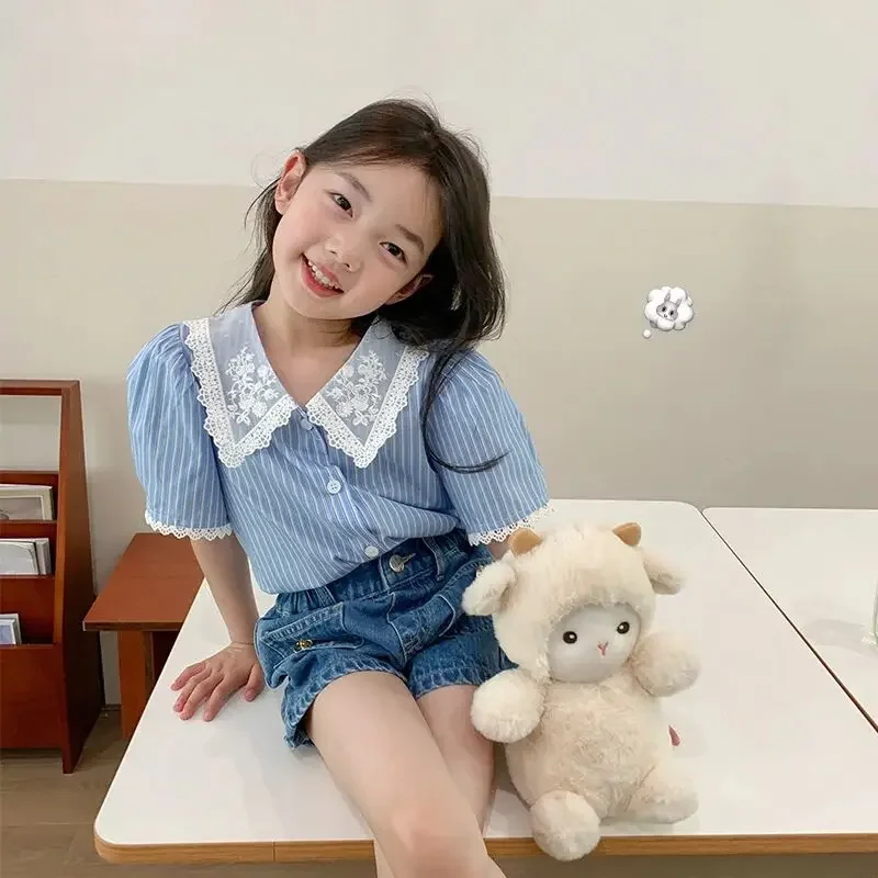 

Girls Summer Short Sleeve Shirt Fashionable Children's College Style Striped Bubble Sleeve Top for Kids 100-150CM