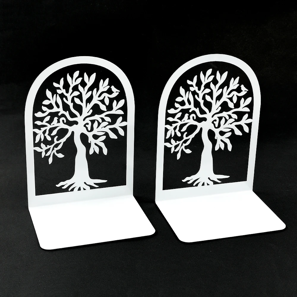 2 Pcs White Tree of Life Desktop Book Ends Office Desktop Home Bookend Gift for Book Loves Heavy Duty Iron Book Rack