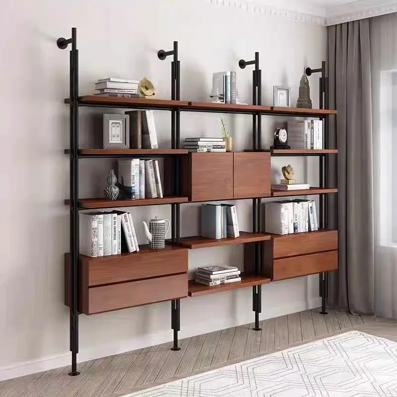 Solid wood bookshelf bookcase integrated whole wall living room shelf floor-to-ceiling multi-layer wrought iron wall locker