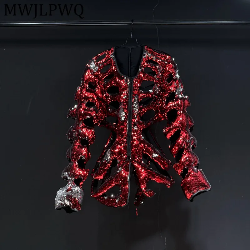 

Куртка MWJLPWQ из хлопка с тяжелыми пайетками, мужская, красная, с вырезами, в стиле пэчворк, свободная, теплая, унисекс, весенняя, трендовая, 13048