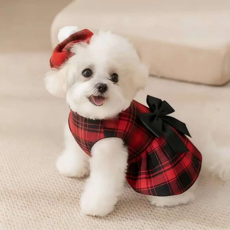Pet Dog Clothes Plaid Shirt Suit Tie Gown Spring Summer Puppy Coat Teddy Bear Pomeranian Vest Small-Medium Dog Cat Pet Costume view 2