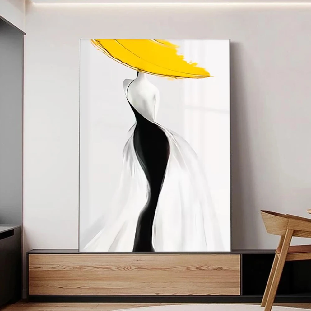 Modern Sexy Woman Yellow Hat Canvas Painting Abstract Nordic Luxury Artwork Posters Prints Living Room Wall Aesthetic Home Decor