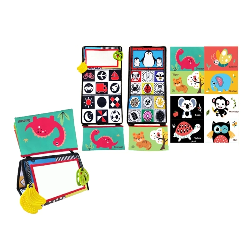 Tummy Time Mirror Baby Book with Teether, High Contrast Montessori Sensory Toy