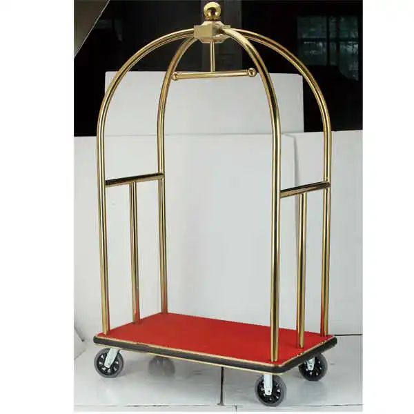 Custom Best Four Wheels Birdcase Luggage Trolley for Hotels Golden Plated Hotel Bell Boy Luggage Trolley Hotel Serving Carts