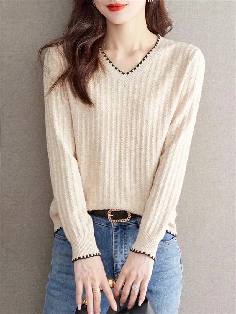 2024 Autumn V Neck Women Sweater Knitted Pullover Jumper Chic Soft Korean Slim Long Sleeve Top Female Basic Coats