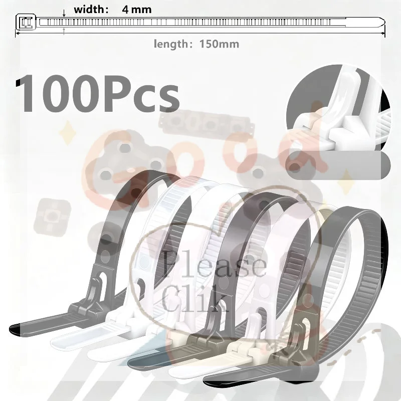 【HG】100Pcs Removable Recyclable Black White Buckle Zip Ties Reusable Cable Straps Cable Lock Loop Nylon Ties