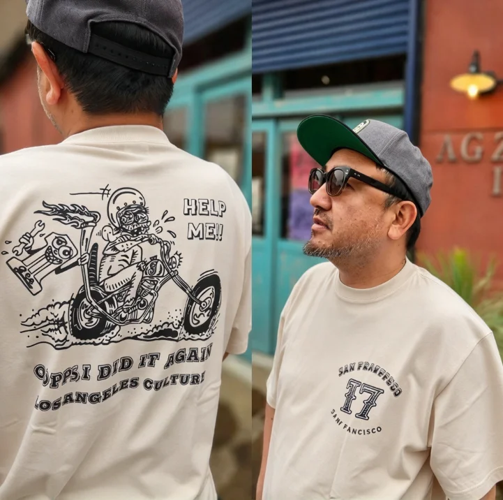 2026 Men Vintage Motorcycle Cartoon Back Print T-shirt Retro Hand Drawn Graphic Short Sleeve Tee