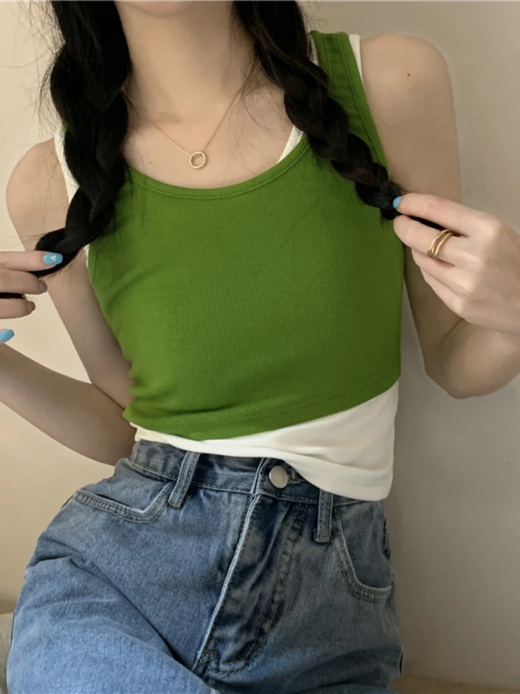 

2025 Tank Top for Women Sleeveless Blouse Solid Casual Women's Teens Trendy Basic Summer Fake Two Pieces Tops