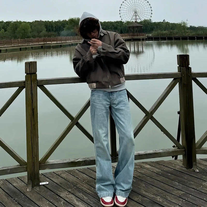 

Light Blue Loose Straight Leg Jeans Men's Faion Brand Trendy Street Sle Vintage American Loose Straight Tube Pants