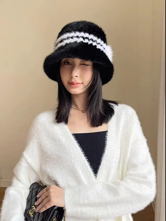 Women's Real Mink Fur Hat Autumn Winter Fashion Casual Striped Knitted Warm Cap for Female Bucket Hat