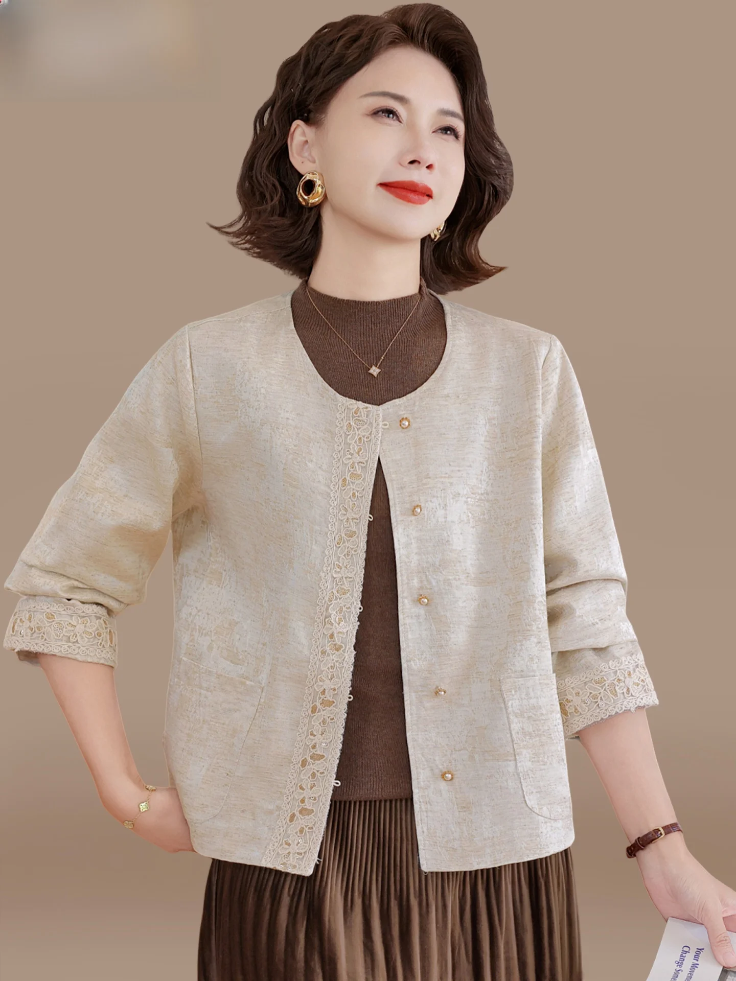 

Ele ort Autumn Outerwear for Middle-Aged Women Faionable Ladylike Design Spring Autumn Cardigan Korean Sle Jaet