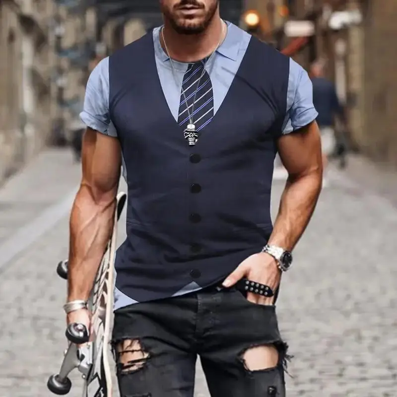 Fashionable and Lnteresting Western Suit Pictures For Men\'s T-Shirts Trend Digital Printing Casual Round Neck Short Sleeved