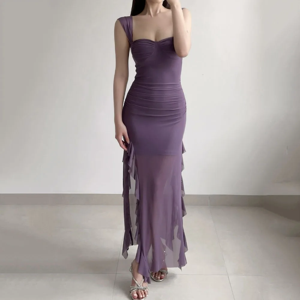 Vestidos de fiesta rectos personalizados hasta el tobillo, vestido de noche sin mangas con cuello cuadrado, vestido de fiesta con abertura lateral drapeado a la moda Simple