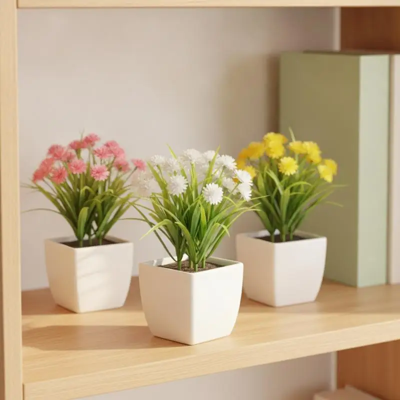 Fake Mini Green Plant Potted No Maintenance Artificial Flower Grass Desktop Ornament for Bedroom Living Room Decoration