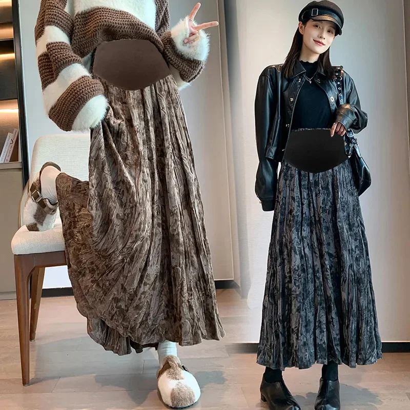 

Pregnant women's Skirt Spring Autumn,tie dye printed velvet Pleated Winter A-line Skirts, high waist pleated long Skirt