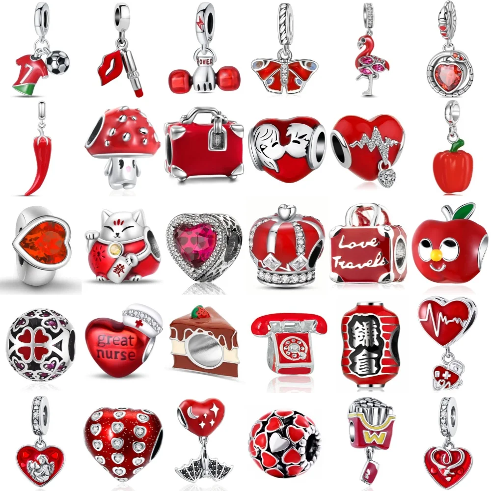 New Red Series DIY Jewelry Lipstick Pendant Love Heart Beads Dumbbell Rose Charms Fit Original Bracelets Necklace Accessories
