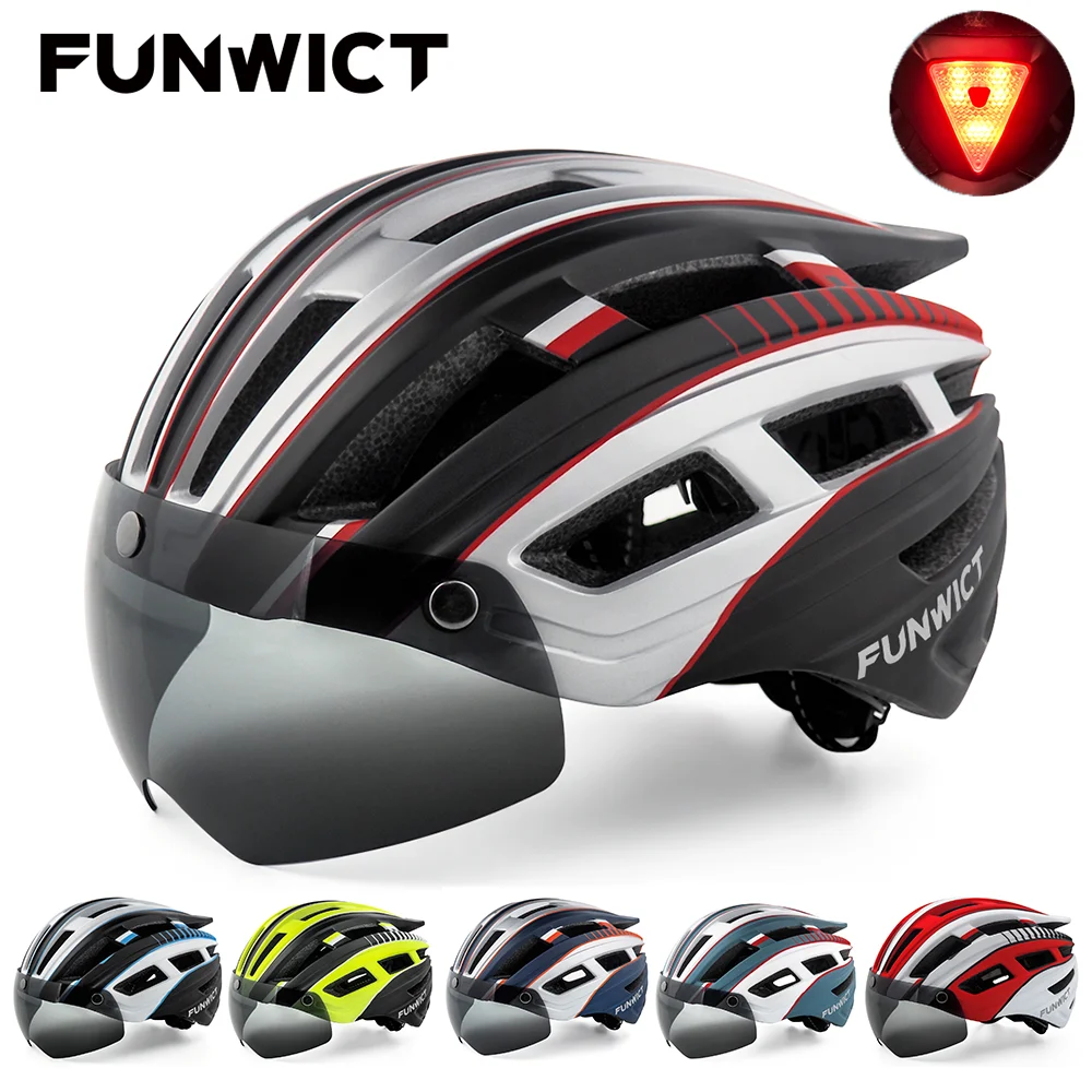 FUNWICT Bicycle Helmet for Men Women Magnetic Goggles Lens Sun Visor LED Rear Light Cycling Safety MTB Road Scooter Bike Helmet