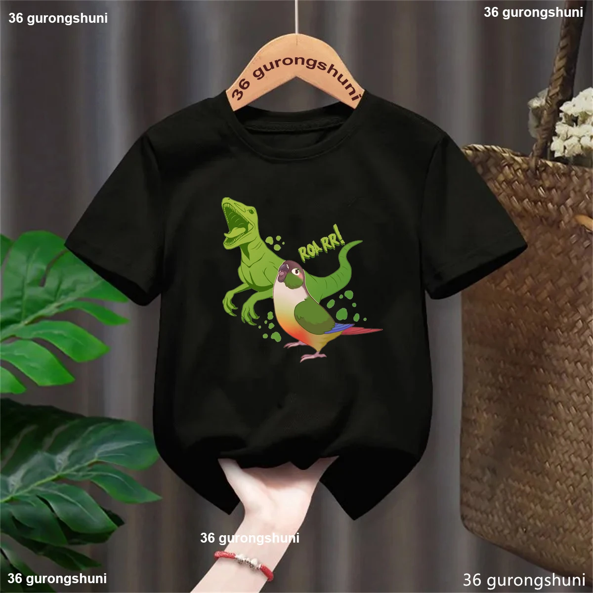 T-Rex Conure Bird Print T-Shirt Boys, Bird Lover Gift Idea Tees, Conure With Dinosaur Shadow Tee, Dinosaur Parrot Tshirt tops