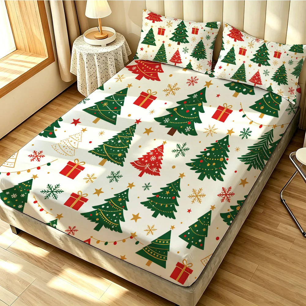 3PCS Christmas Pine Tree Snowflake Gift Print Duvet Cover Set No Insert Soft Machine Washable 1 Duvet Cover 2 Pillowcases Bed