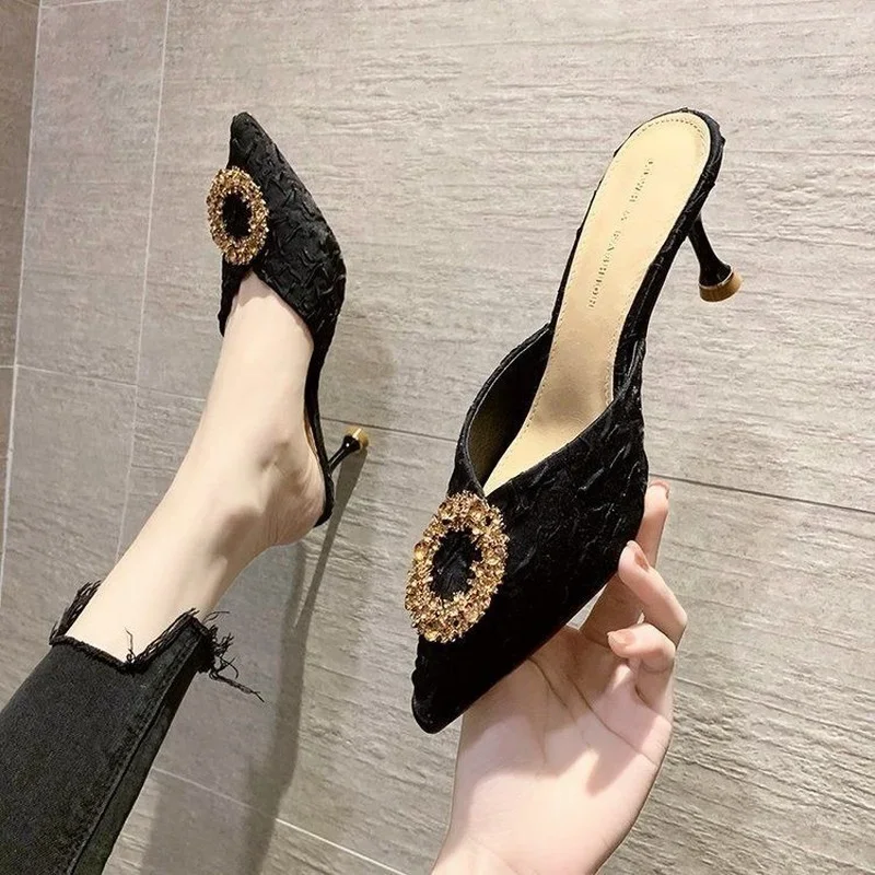 

Slides Rhenstone Heeled Stiletto Job Pointed Toe Women's Slippers and Ladies Sandals Shoes Outside Mules Black Waterproof Eva G