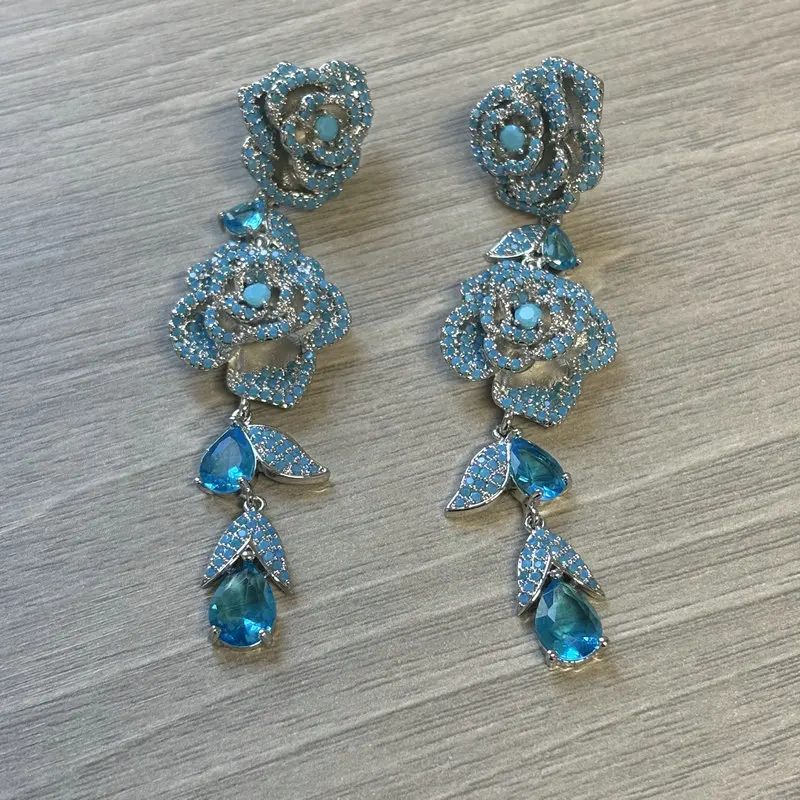 Bilincolor Luxury Blue Flower Earring for Women Wedding