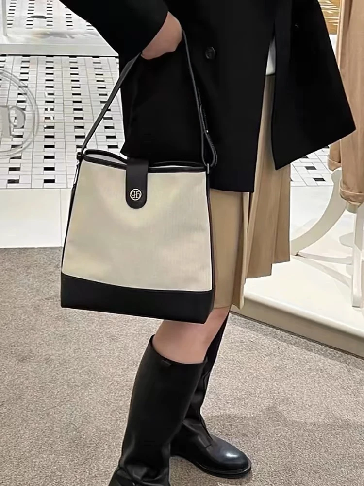 

Coslo Buet Bag Women's Leather Canvas Spliced High-End Feeling Tote Bag Soft Handle Korean Sle Lo Bule Casual Scene