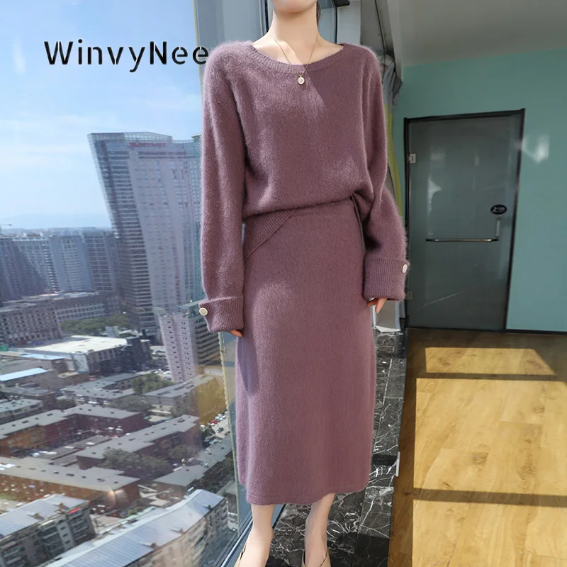 WinvyNee Women Two Piece Set Mink Cashmere Relaxed One‑Shoulder Brushed Fabric Elegant Daily Outfit Office Urban Glow F1248053