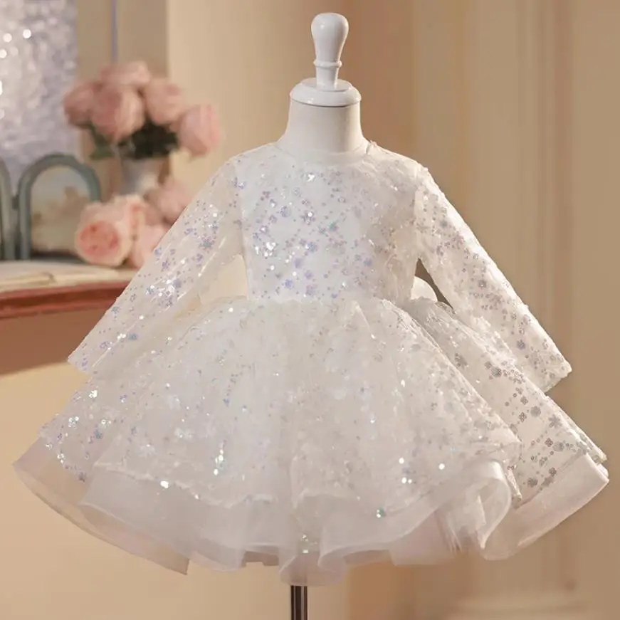 Children's Princess Evening Gown Long Sleeve Sequins Design Kids Catwalk Wedding Birthday Baptism Eid Party Girls Dresses A3053