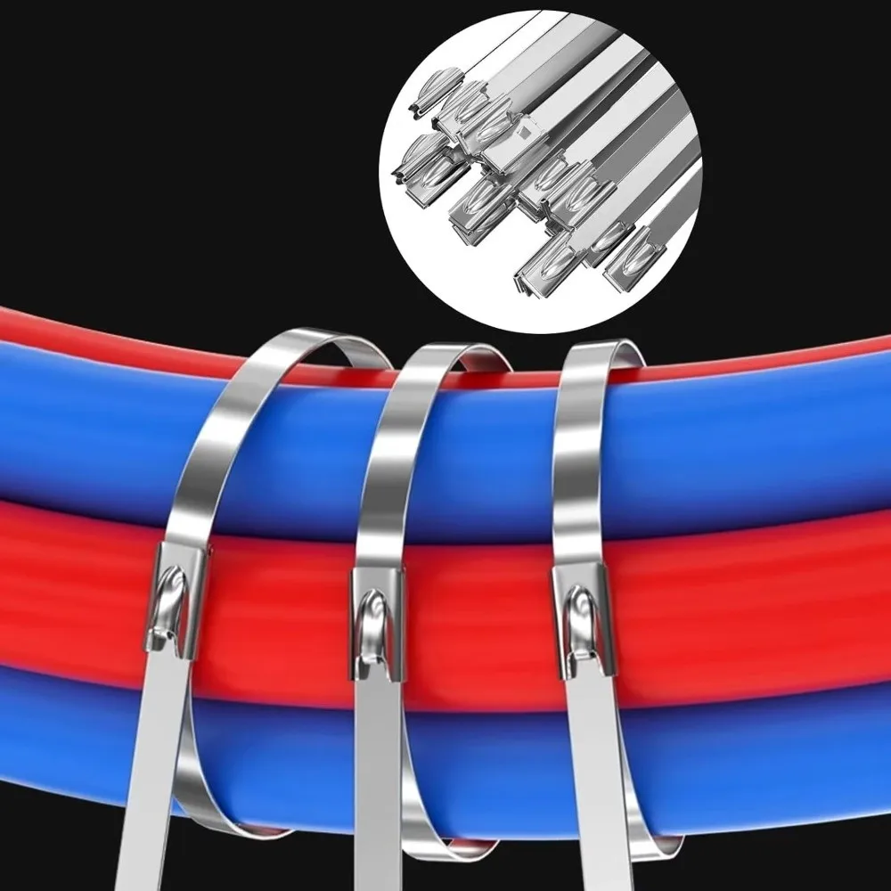 100PCS Stainless Steel Cable Tie Straps Heavy Duty Rustproof Metal Cable Ties Self-Locking Corrosion Resistant Fastener Straps