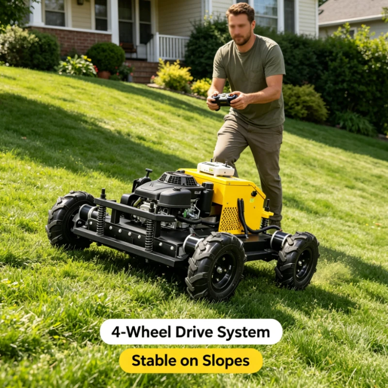 Crawler Type Remote Mower With Four Wheel Drive And Adjustable Cutting Height For Farm And Vineyard Maintenance