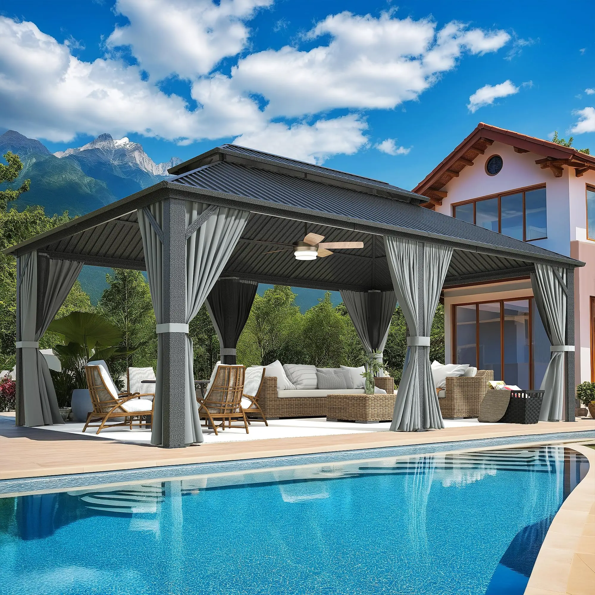 

VIWAT 10x12 ~ 12x20FT беседка с жестким верхом, алюминиевая рама, оцинкованная стальная крыша с сетчатой занавеской, всепогодная для заднего двора, патио, сада