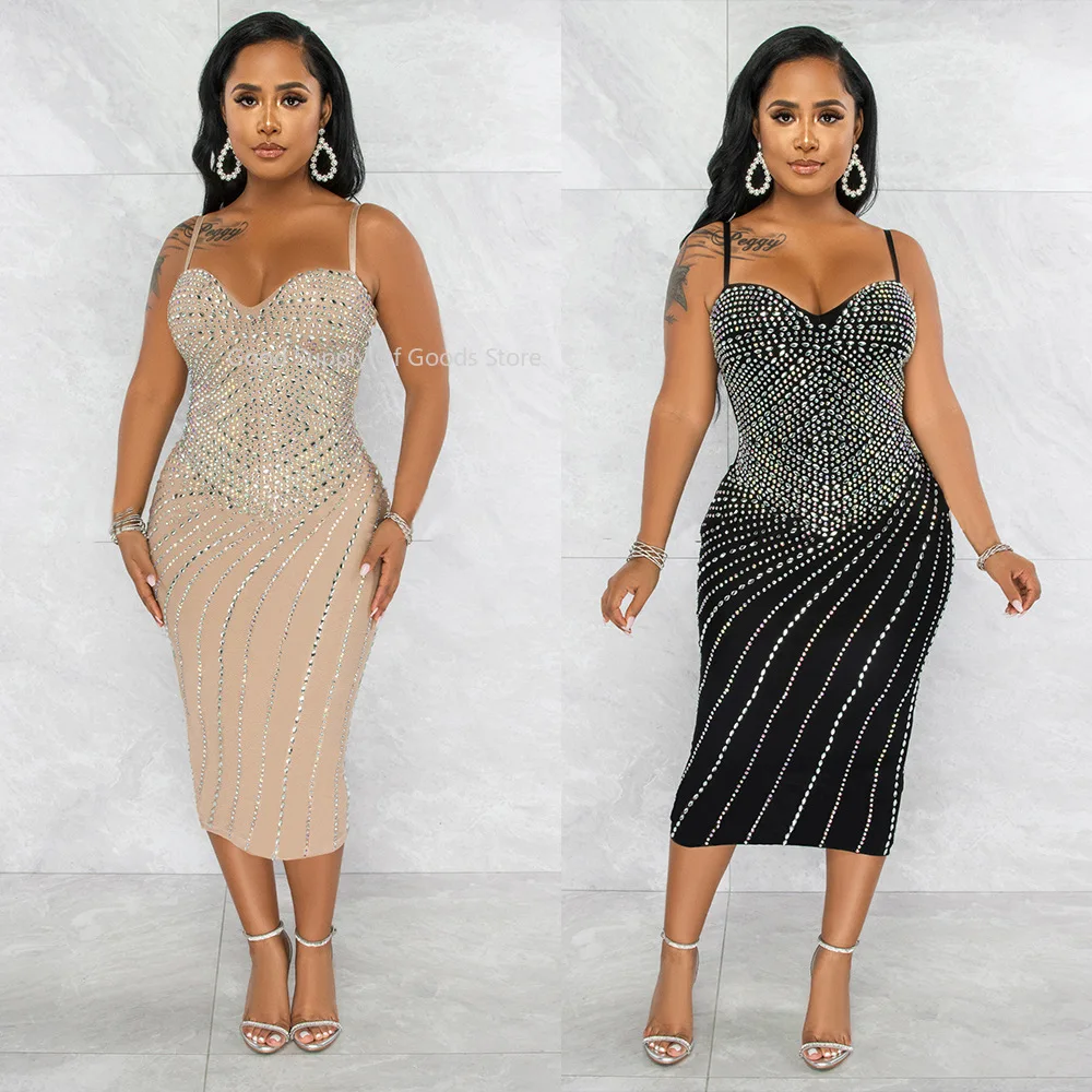 

Sexy Women Spaghetti Strap Bodycon Sparkly Rhynestone Party Dress Bling Bling Club Maxi Dress