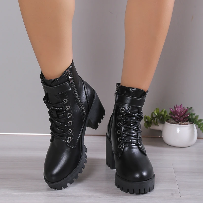 Winter New Fashion Comfortable Elegant Square with Women\'s Shoes Side Zipper Round Head Solid Color Simple Thick Heel Boots