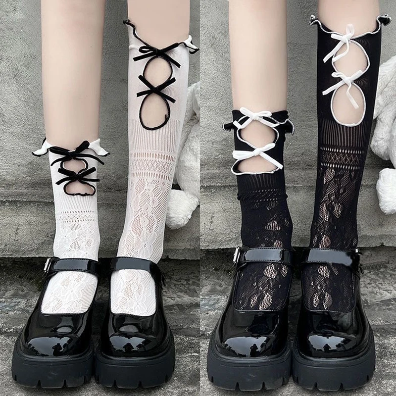 

Sweet Ruffle Socks Women Girls JK Kawaii Lolita Bowknot Stockings Black White Princess Calf Sock Retro Hollow Fishnet Sox