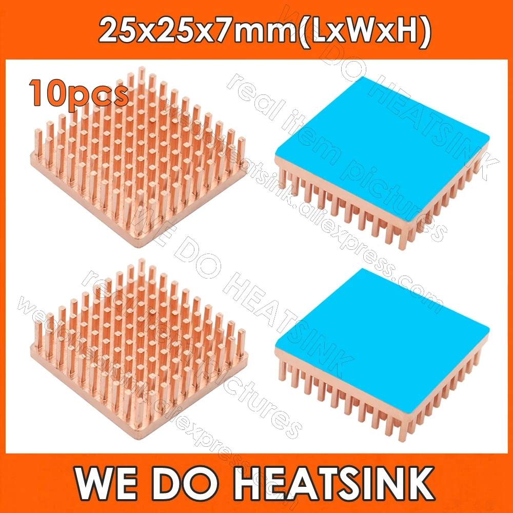 

10pcs Free Shipping 25x25x7mm Square Pure Copper Pin Fins Heatsink Radiator Cooler With Thermal Tape For Electronics IC CPU AMD