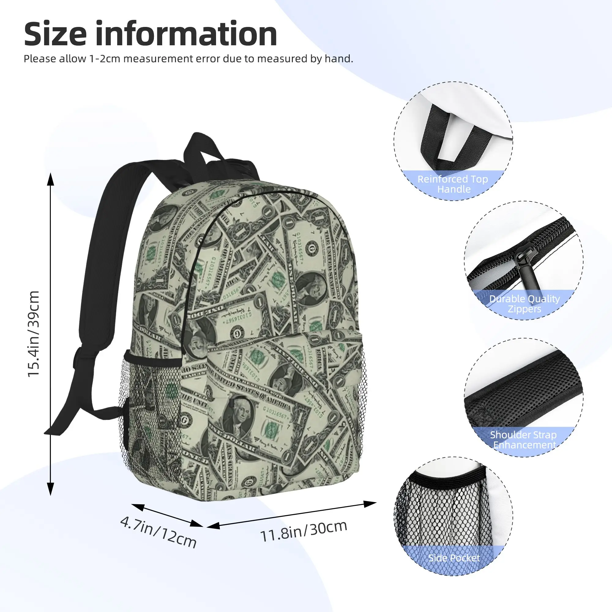 Money Dollars Bill Pattern Backpack Hot Sale Daypack Large Capacity Boys Girls BookBag Shoulder Bags for Men Women School Bag