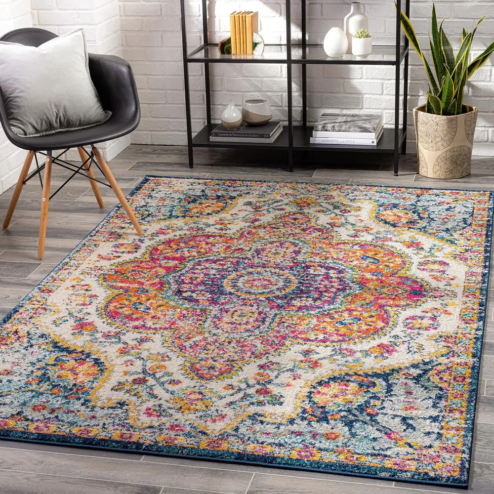 

Vintage Boho Fuchsia Mustard Blue Floral Medallion Area Rug, 7x9, for Living Room, Bedroom, Kitchen, Nursery, Office (6'7 x 9')