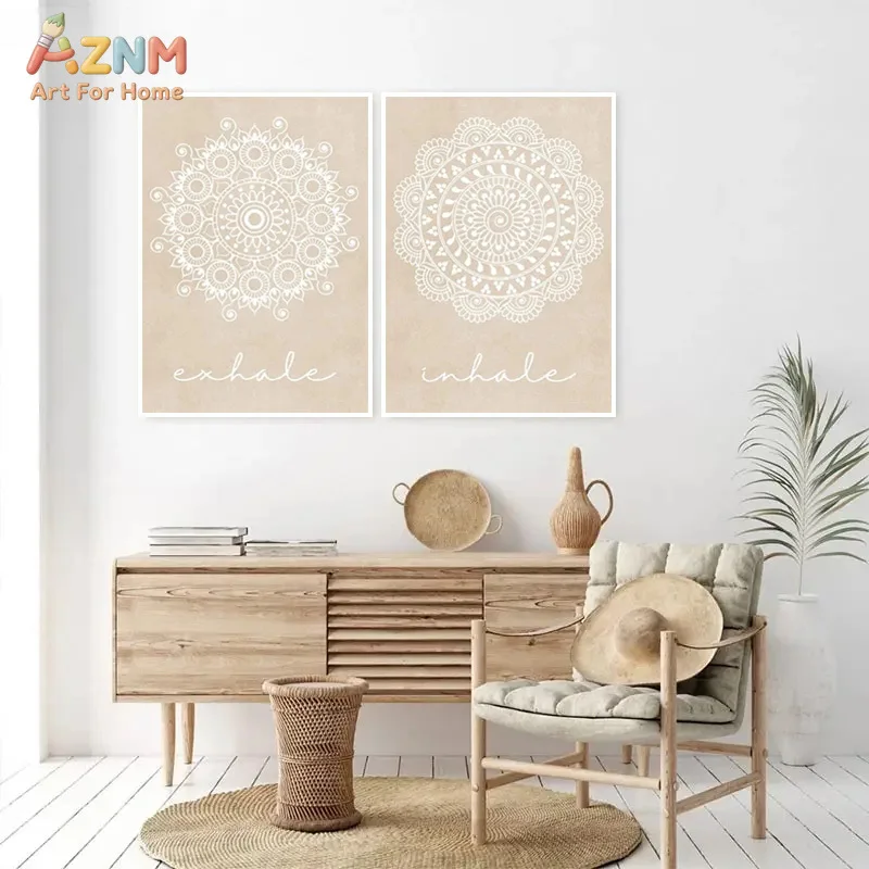 AZNM Tableau mural sur toile Mandala Bohème « Inspirer Expirer », Impression Yoga Bohème Beige Neutre, Toile de méditation sans cadre pour la pleine conscience
