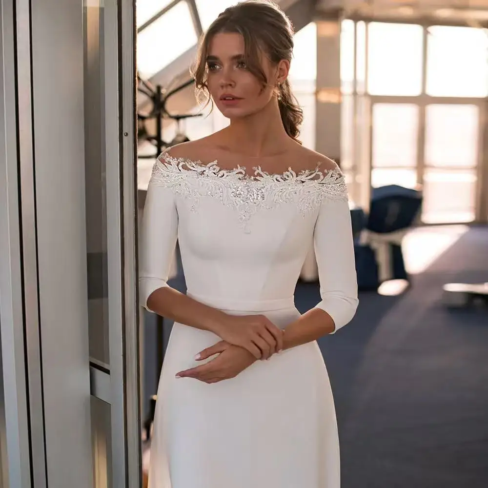 Maßgeschneiderte Schlichte Weiße Schulterfreie Brautkleider Meerjungfrau-Satin Pailletten-Hochzeitskleider mit Applikationen 2026 Vestido De Noiva – Detail 4
