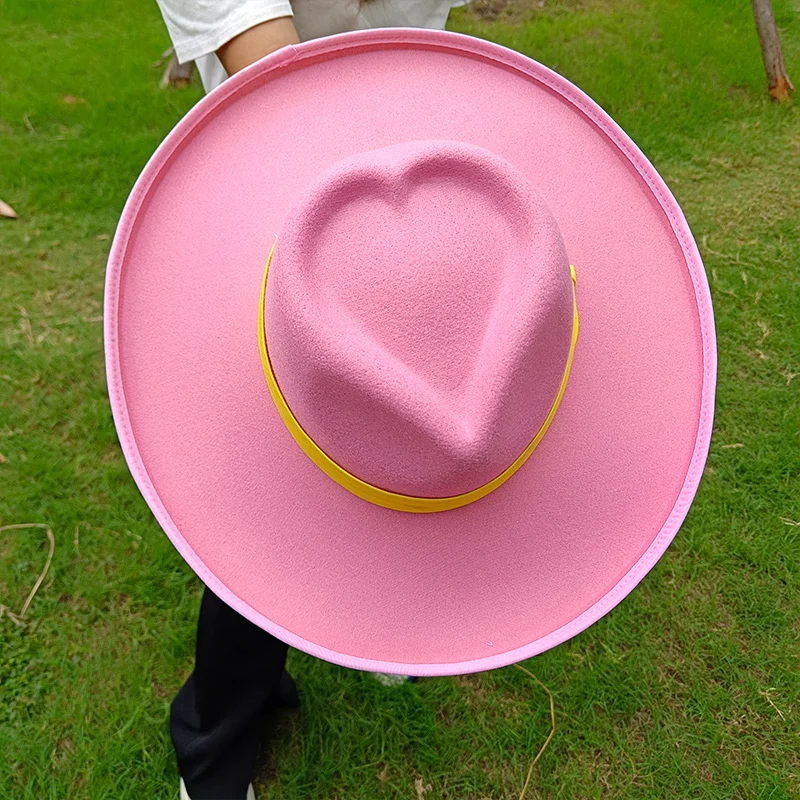 Love Heart Shape Top Fedora Hat New Beige Big Brim Raised Jazz hat Winter Gentlemen Hat Women Panama hat luxury шапка