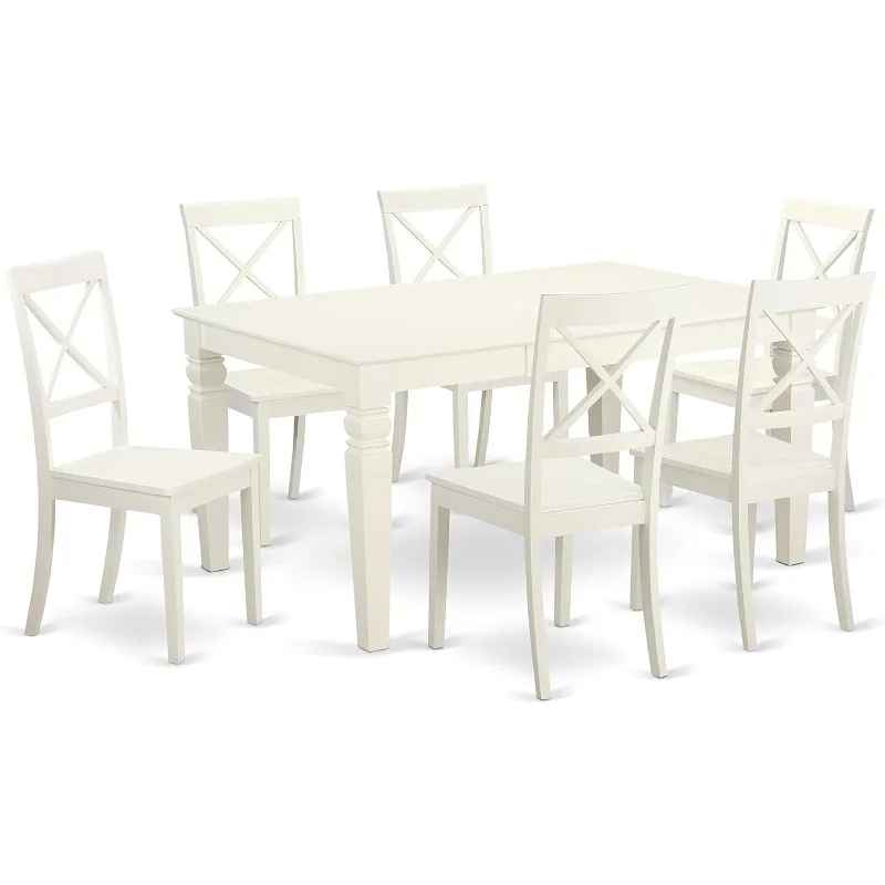 WEBO7-LWH-W 7 Piece Kitchen Set Consist of a Rectangle Table with Butterfly Leaf and 6 Dining Room Chairs, 42x60 Inch, Linen