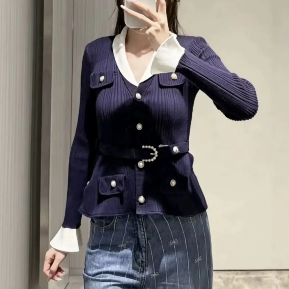 Women Contrast Lapel Ribbed Knit coat Flare Cuff Button Pocket Belted Slim Long Sleeve Top