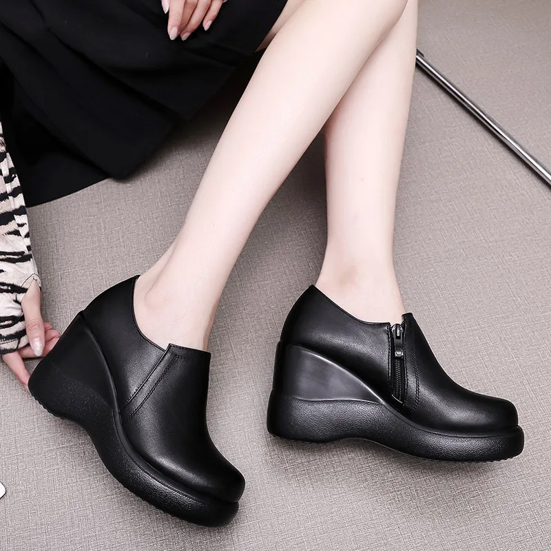 8cm Size 32-43 ELegant Deep Mouth Genuine Leather Shoes Platform Wedges Shoes Fall Winter 2026 High Heel Shoes for Mother Office