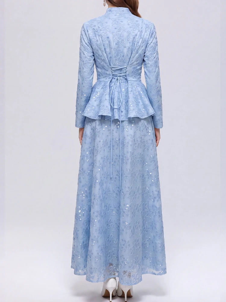 Elegant Sequined Lace V-Neck Long Sleeved Single Breasted Top+Skirt Two-Piece Set 2026 New Fashionable Women'S Clothing