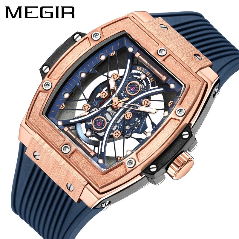 MEGIR-Montre de sport à quartz pour hommes, bracelet en silicone, étanche, mode creuse, marque supérieure, montres-bracelets militaires de luxe