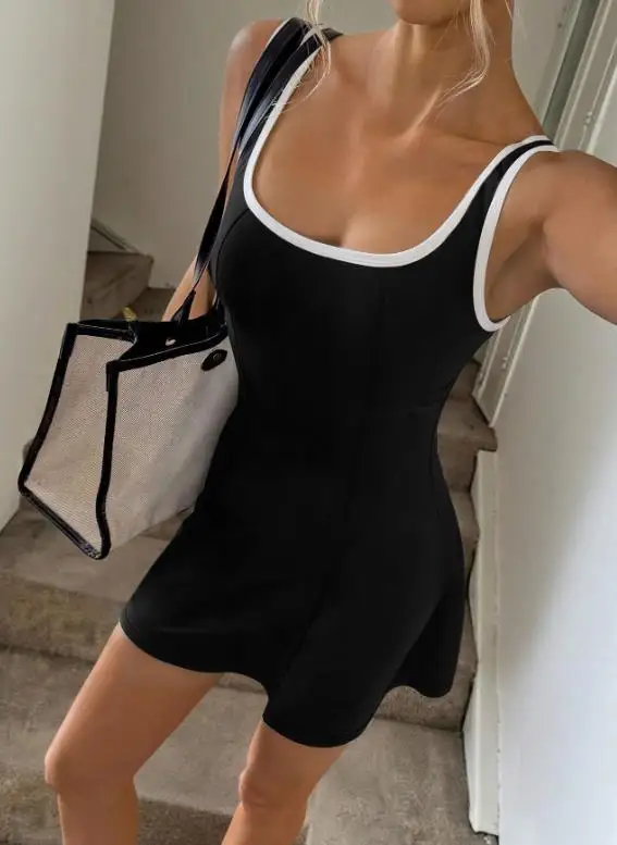 

Female Fashion Tank Dresses Summer New Sports Style U-Neck Sleeveless Contrasting Slim A-Line Tennis Dress for Women